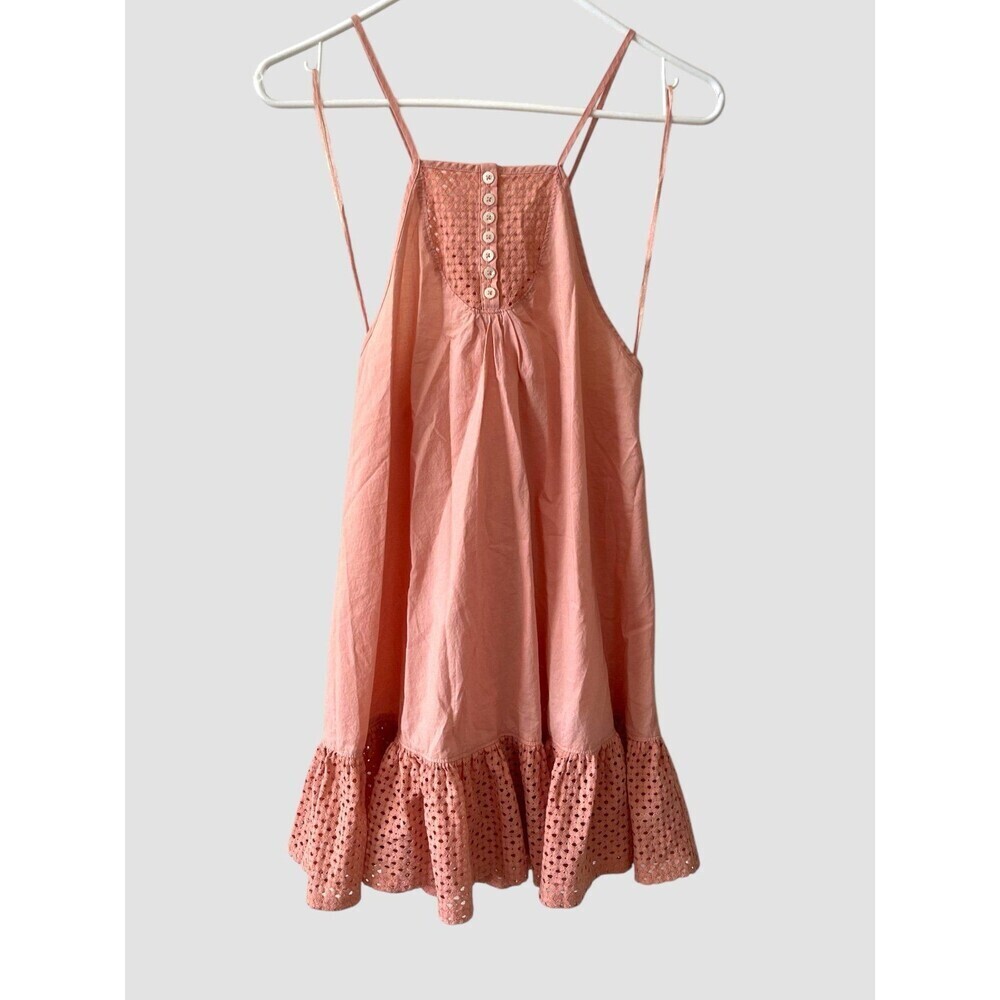 Free People Calico Cotton Trapeze Eyelet Top Dress Women’s size Small Coral Pink - Picture 2 of 9
